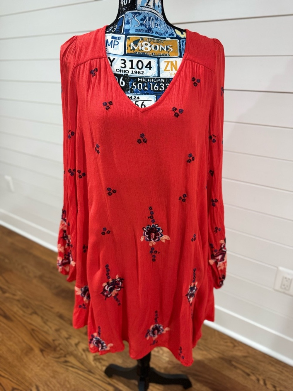 Free People Red Floral Embroidered V-Neck Tunic Dress